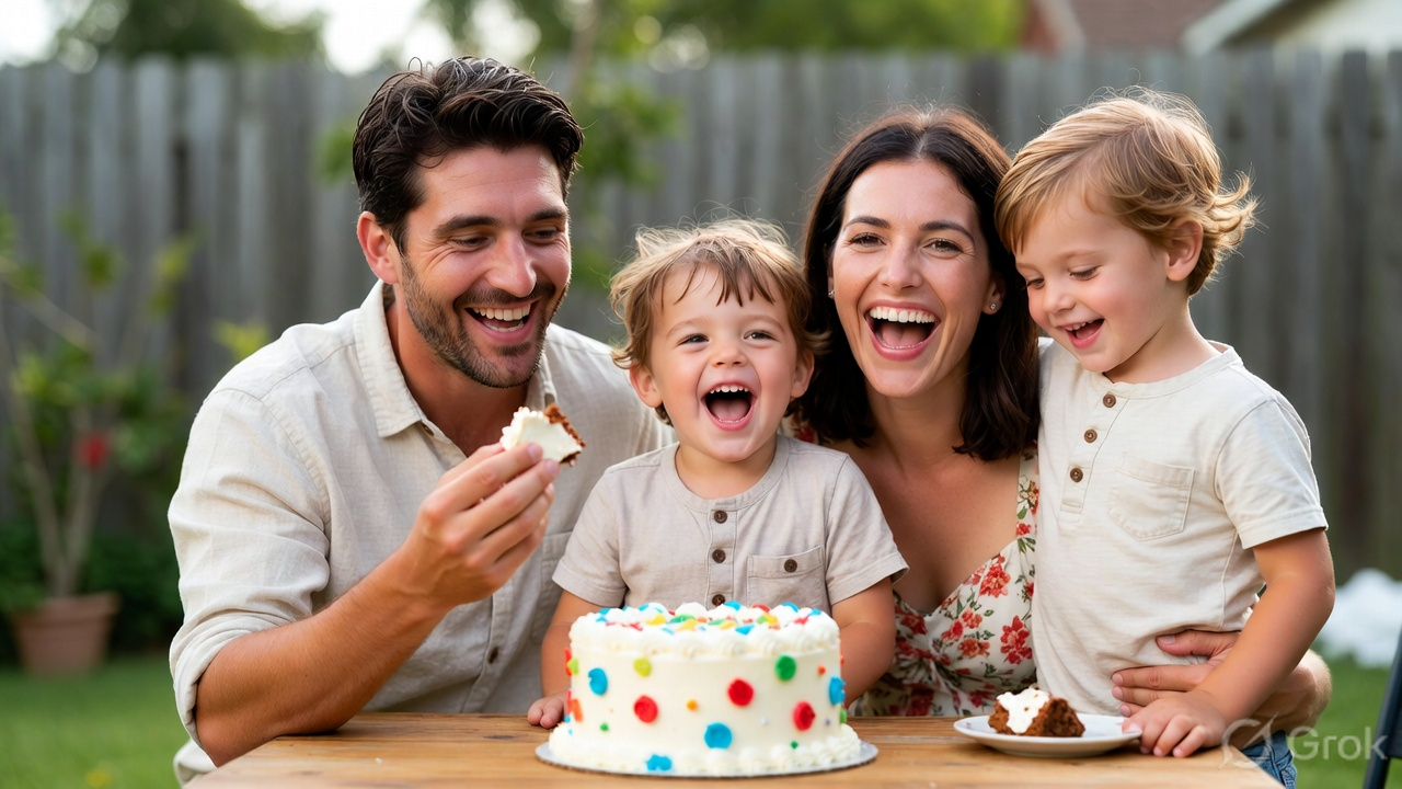 Happy family celebrating together with a Sweet Moment cake